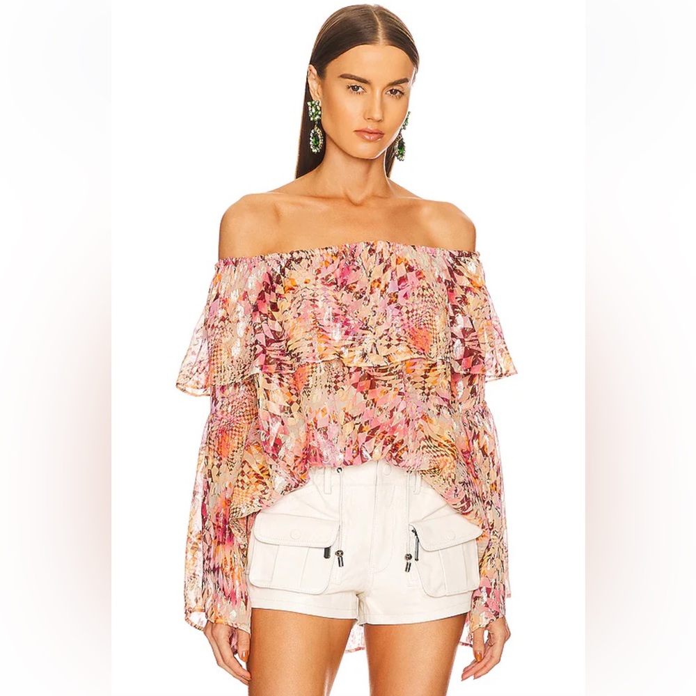 DUNDAS x REVOLVE Luna Top in Optic Geo Silk blouse  metallic long sleeve S